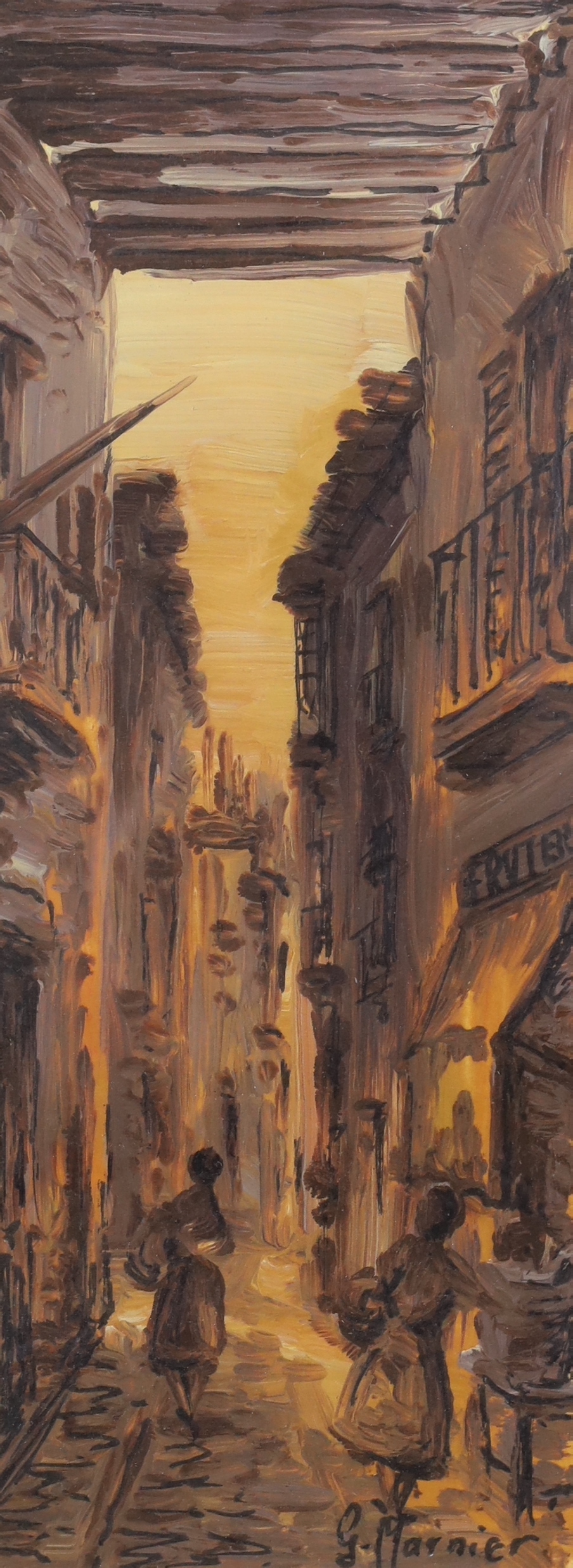 G. Mariner, oil on card, Neapolitan street scene, 32 x 12cm